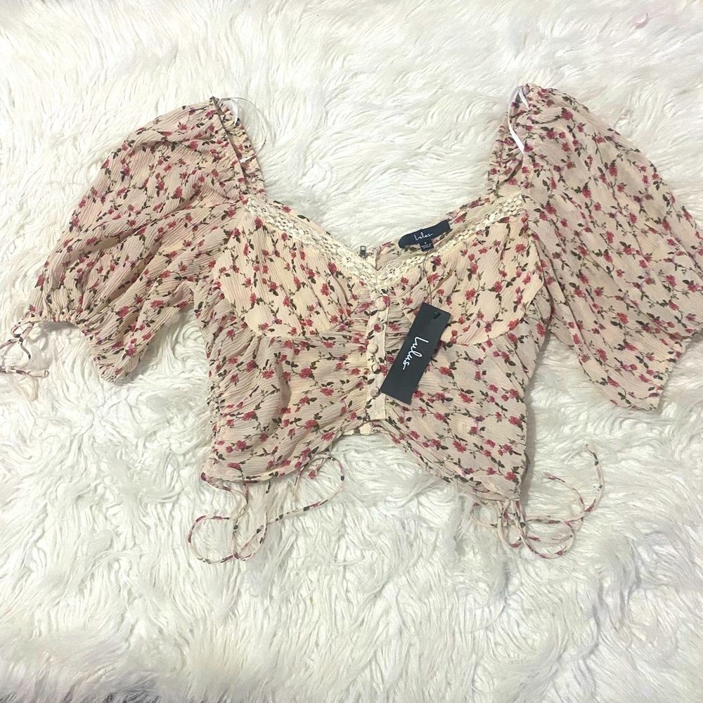 LULUS Pretty Pick Beige Floral Print Ruched Drawstring Crop Top - Picture 7 of 8